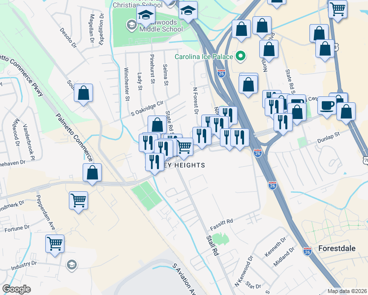 map of restaurants, bars, coffee shops, grocery stores, and more near 2612 Warm Avenue in North Charleston