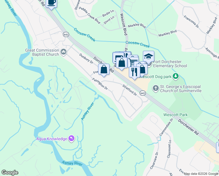 map of restaurants, bars, coffee shops, grocery stores, and more near 507 Fairington Drive in Summerville
