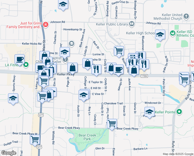map of restaurants, bars, coffee shops, grocery stores, and more near 424 Keller Parkway in Keller