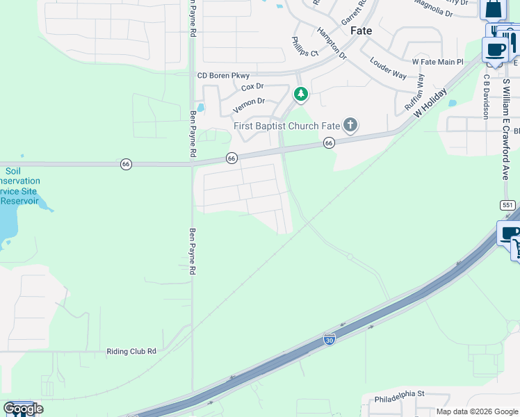 map of restaurants, bars, coffee shops, grocery stores, and more near 779 Highway 66 in Rockwall