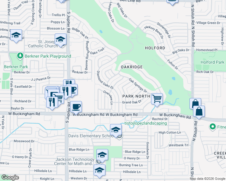 map of restaurants, bars, coffee shops, grocery stores, and more near 2125 Diamond Oaks Drive in Garland