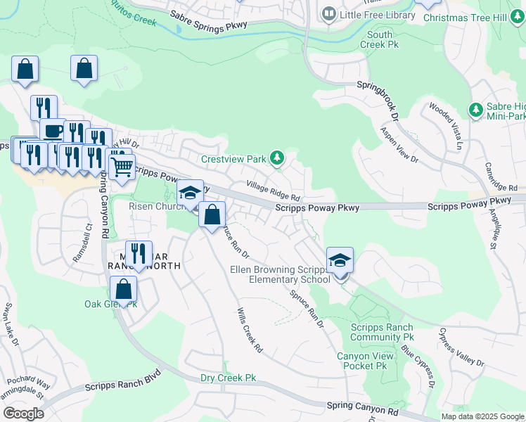 map of restaurants, bars, coffee shops, grocery stores, and more near 11871 Spruce Run Drive in San Diego