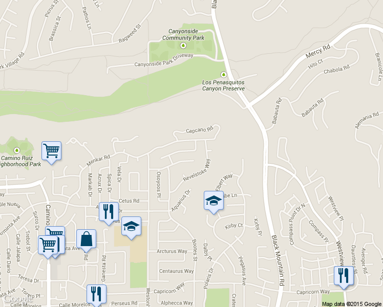 map of restaurants, bars, coffee shops, grocery stores, and more near 8867 Betelgeuse Way in San Diego