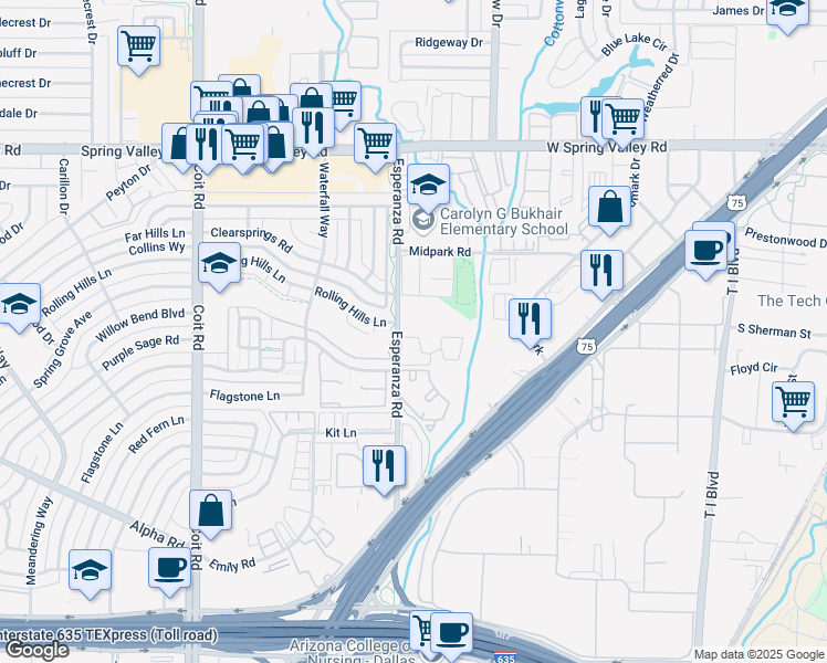 map of restaurants, bars, coffee shops, grocery stores, and more near 13510 Esperanza Road in Dallas