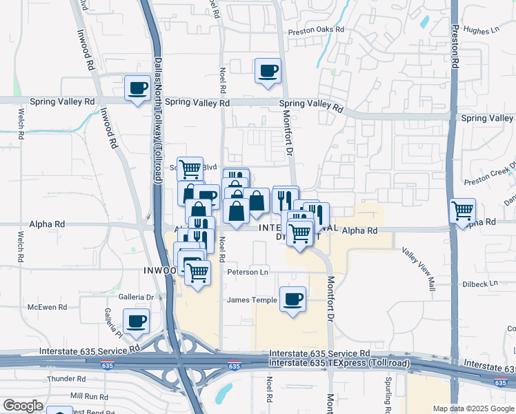 map of restaurants, bars, coffee shops, grocery stores, and more near 5339 Alpha Road in Dallas