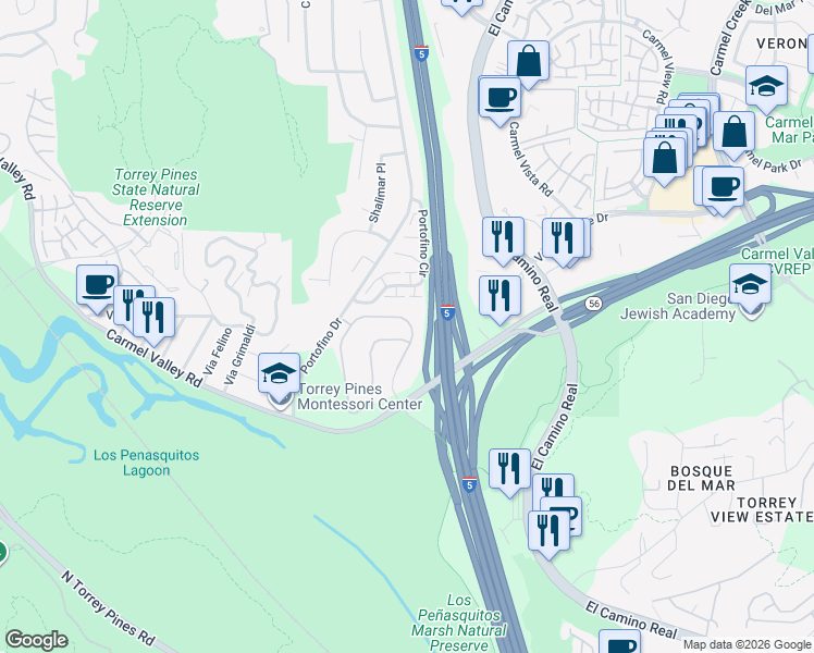 map of restaurants, bars, coffee shops, grocery stores, and more near 12942 Caminito Pointe Del Mar in Del Mar