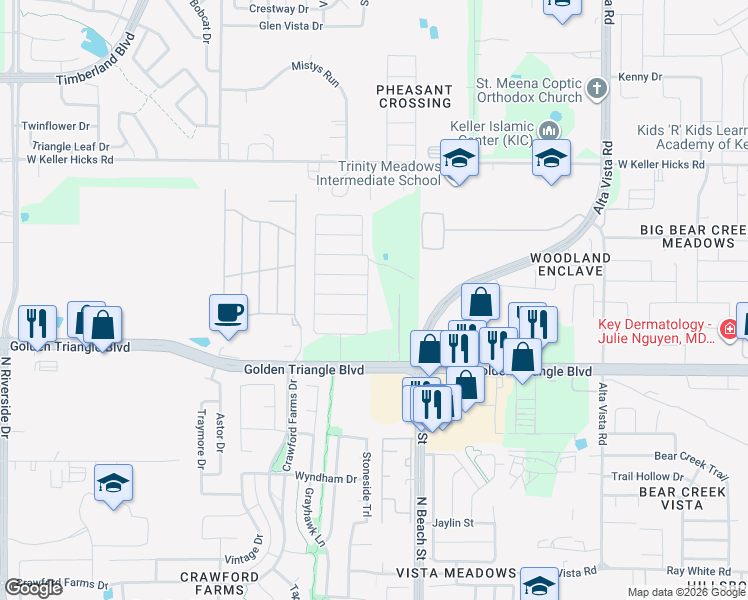 map of restaurants, bars, coffee shops, grocery stores, and more near 11052 East Dawn Drive in Fort Worth