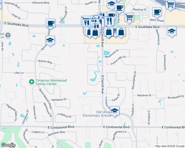 map of restaurants, bars, coffee shops, grocery stores, and more near 1009 Evening Glen Court in Southlake