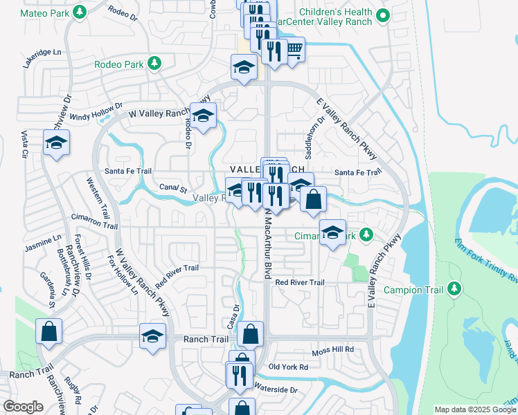 map of restaurants, bars, coffee shops, grocery stores, and more near 9451 North MacArthur Boulevard in Irving