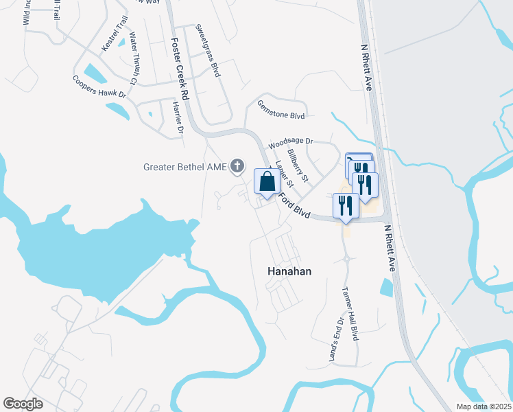 map of restaurants, bars, coffee shops, grocery stores, and more near 1618 Foster Creek Road in Hanahan
