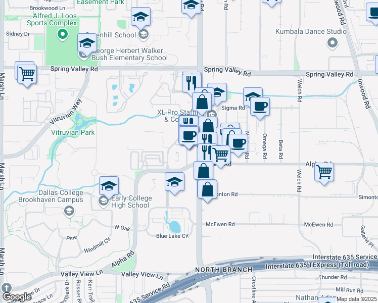 map of restaurants, bars, coffee shops, grocery stores, and more near 13605 Midway Road in Farmers Branch