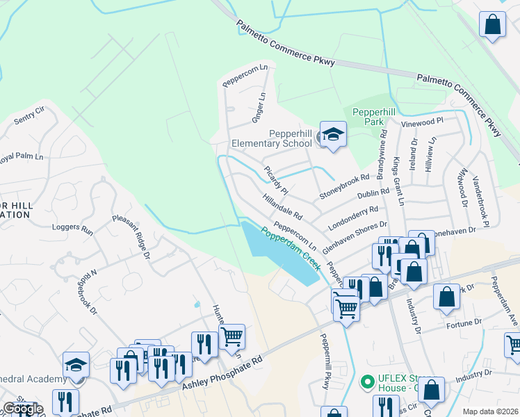 map of restaurants, bars, coffee shops, grocery stores, and more near 7646 Peppercorn Lane in North Charleston