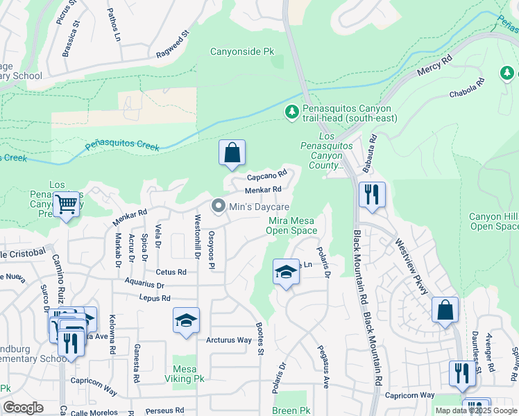 map of restaurants, bars, coffee shops, grocery stores, and more near 8867 Betelgeuse Way in San Diego