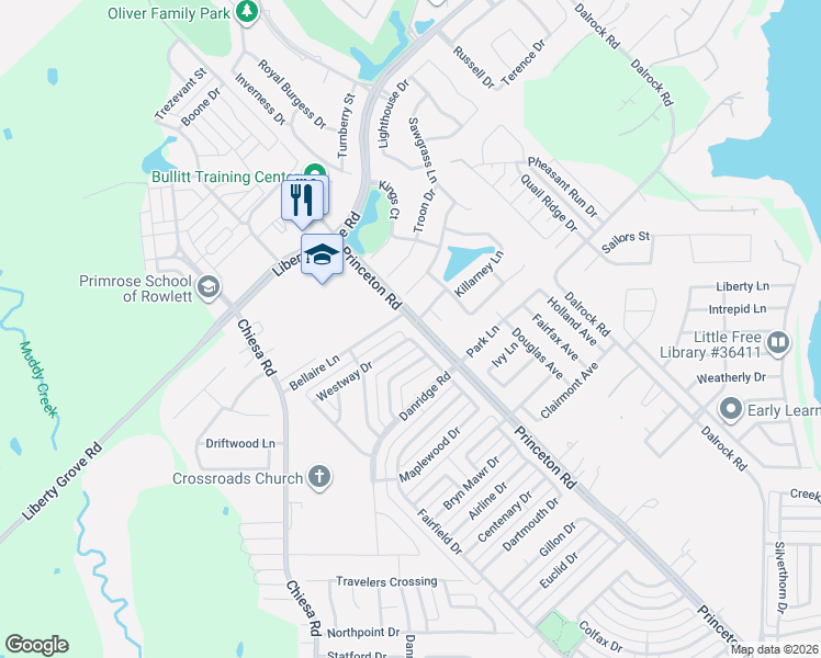 map of restaurants, bars, coffee shops, grocery stores, and more near 7914 Albany Drive in Rowlett