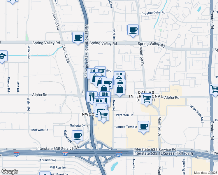 map of restaurants, bars, coffee shops, grocery stores, and more near 13675 Noel Road in Dallas