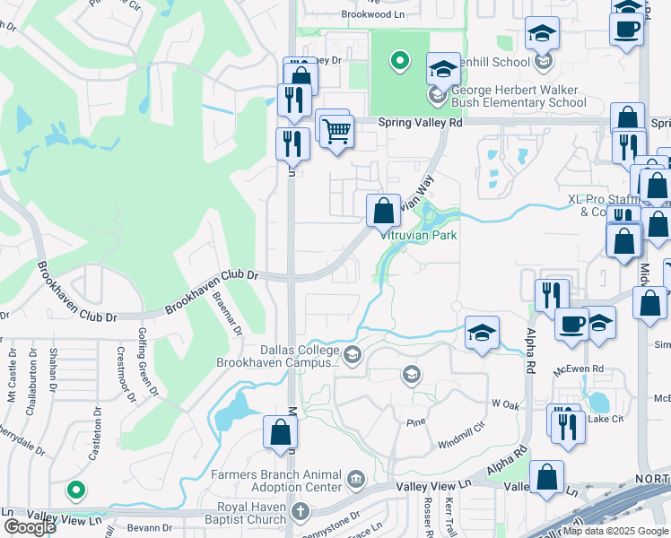map of restaurants, bars, coffee shops, grocery stores, and more near 3766 Vitruvian Way in Addison