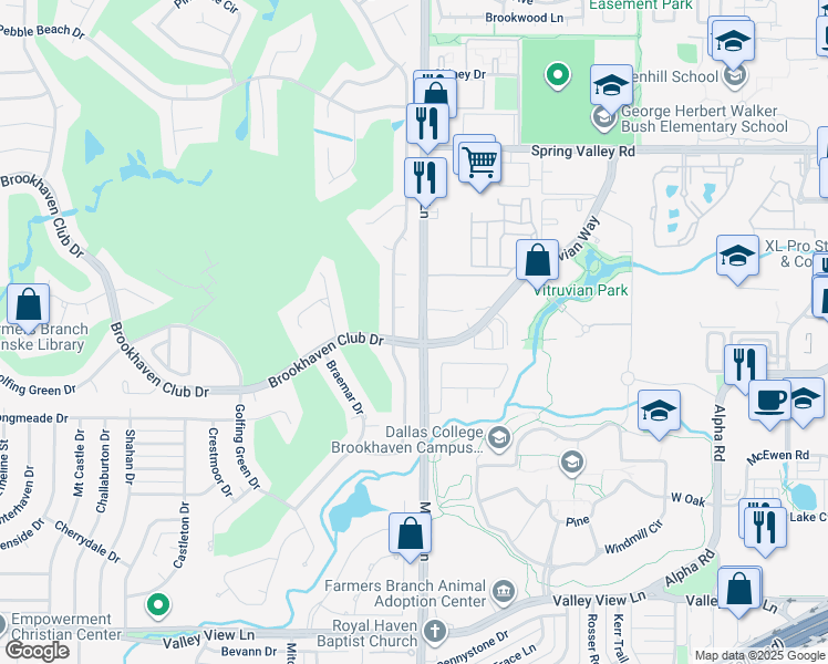map of restaurants, bars, coffee shops, grocery stores, and more near 3679 Brookhaven Club Drive in Farmers Branch