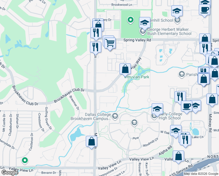 map of restaurants, bars, coffee shops, grocery stores, and more near 3754 Vitruvian Way in Addison