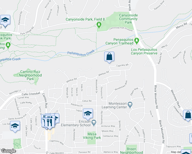 map of restaurants, bars, coffee shops, grocery stores, and more near Westonhill Drive & Menkar Road in San Diego
