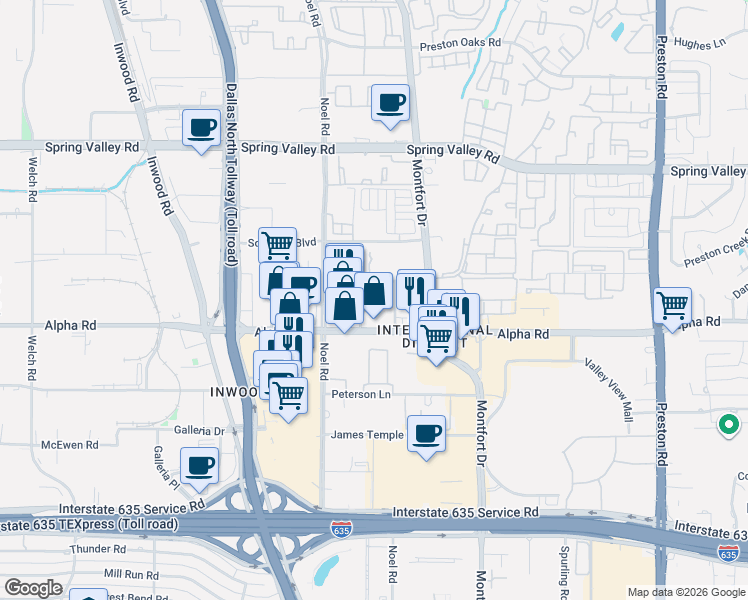 map of restaurants, bars, coffee shops, grocery stores, and more near 5339 Alpha Road in Dallas