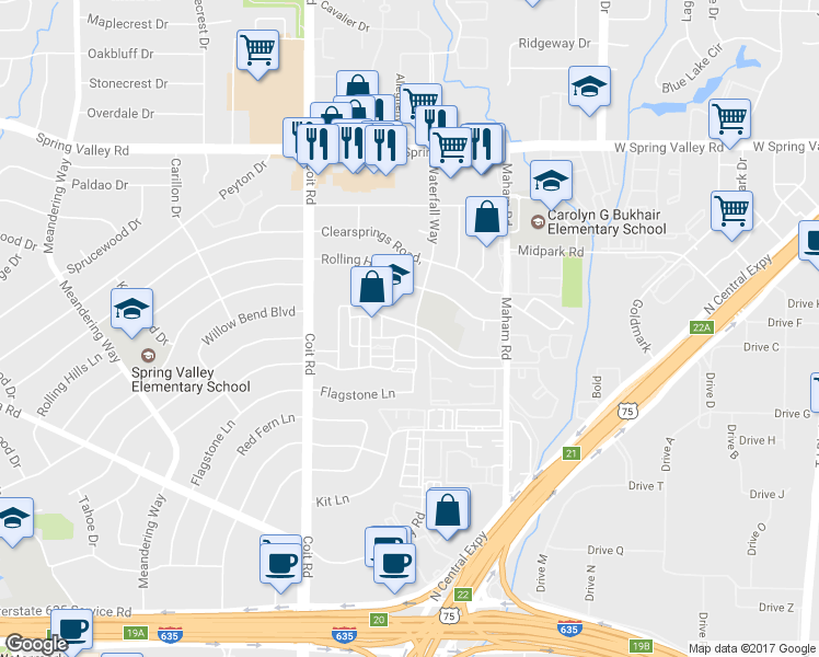 map of restaurants, bars, coffee shops, grocery stores, and more near 13897 Brookgreen Drive in Dallas