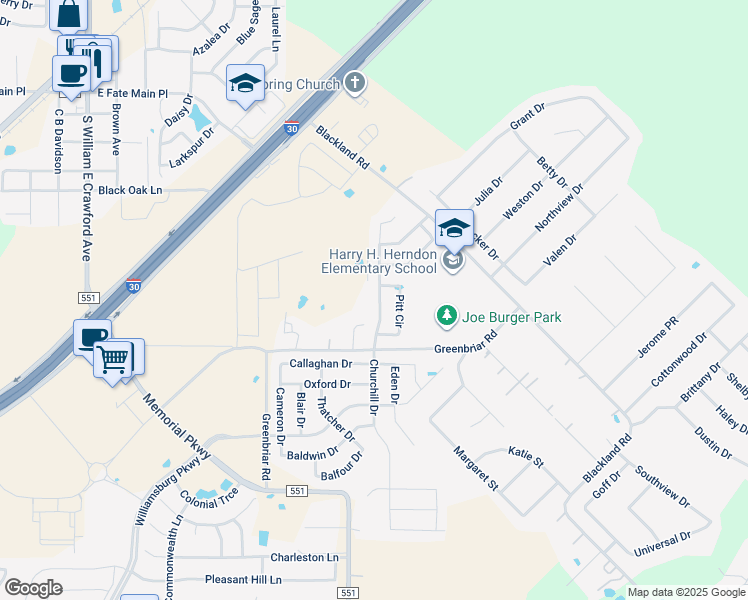 map of restaurants, bars, coffee shops, grocery stores, and more near 1029 North Churchill Drive in Royse City
