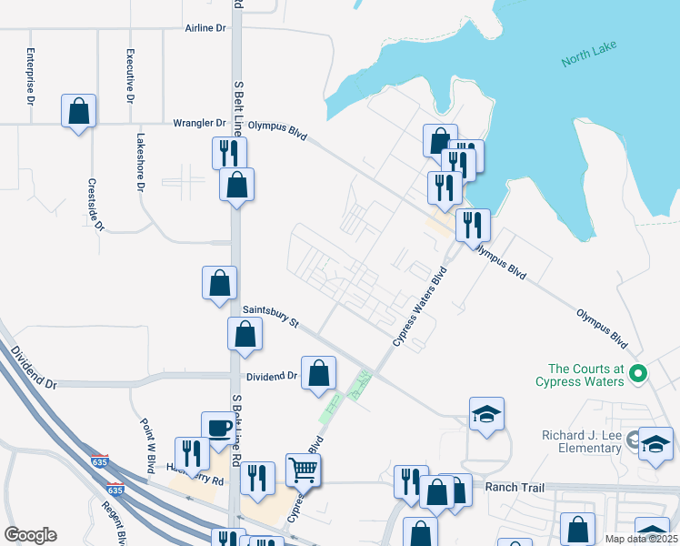 map of restaurants, bars, coffee shops, grocery stores, and more near 3325 Scotch Creek Road in Irving