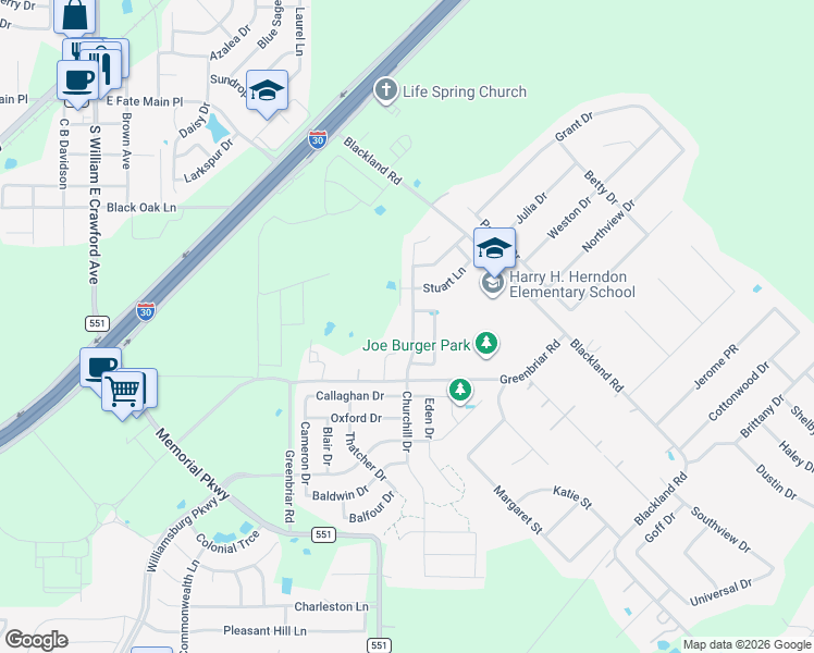 map of restaurants, bars, coffee shops, grocery stores, and more near 1029 North Churchill Drive in Royse City