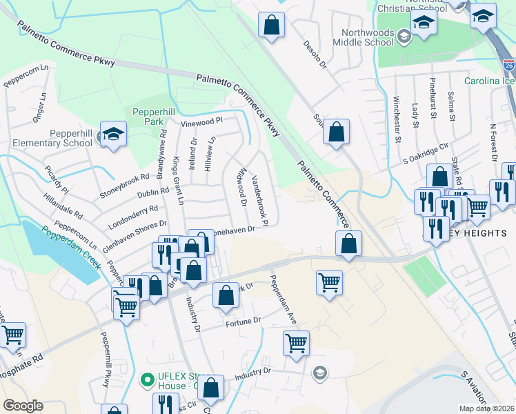 map of restaurants, bars, coffee shops, grocery stores, and more near 7617 Vanderbrook Place in North Charleston