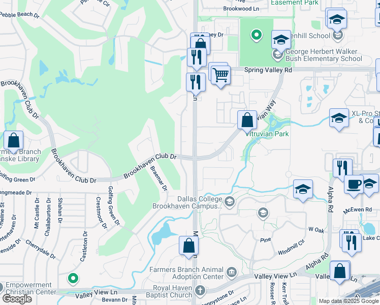 map of restaurants, bars, coffee shops, grocery stores, and more near 3679 Brookhaven Club Drive in Farmers Branch
