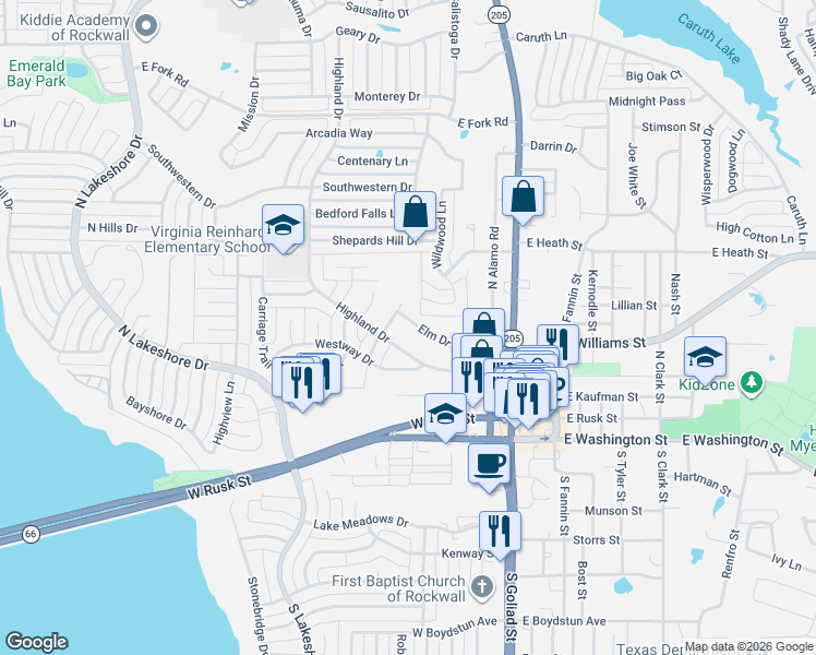 map of restaurants, bars, coffee shops, grocery stores, and more near 327 Elm Drive in Rockwall