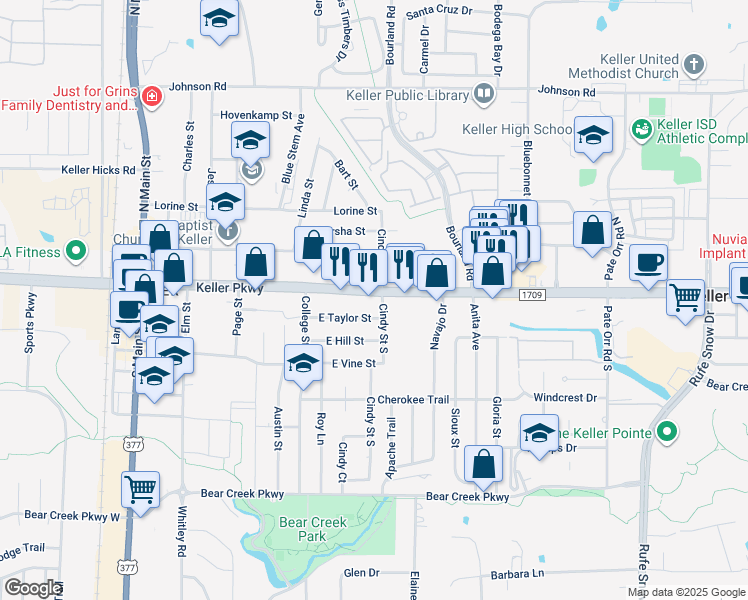 map of restaurants, bars, coffee shops, grocery stores, and more near 460 Keller Parkway in Keller