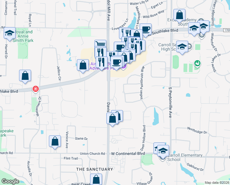 map of restaurants, bars, coffee shops, grocery stores, and more near 420 Winding Ridge Trail in Southlake