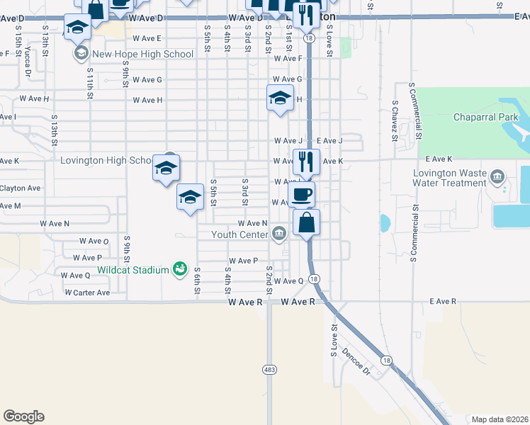 map of restaurants, bars, coffee shops, grocery stores, and more near 201 West Avenue M in Lovington