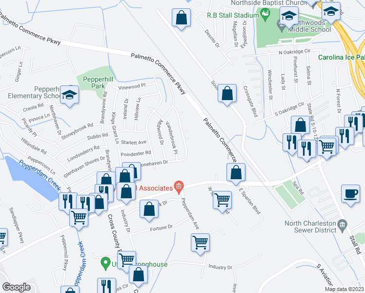 map of restaurants, bars, coffee shops, grocery stores, and more near 7613 Stonehaven Drive in North Charleston