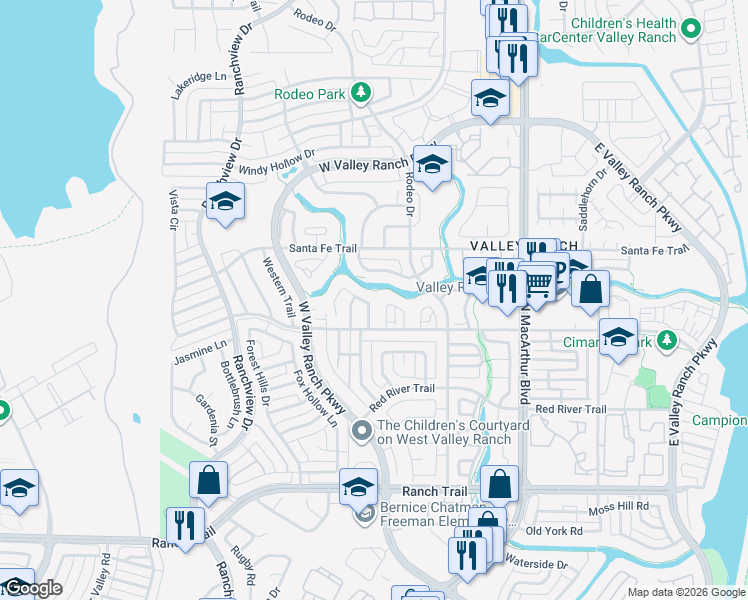 map of restaurants, bars, coffee shops, grocery stores, and more near 9412 Abbey Road in Irving