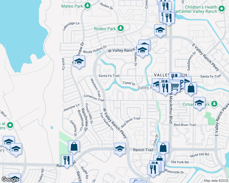 map of restaurants, bars, coffee shops, grocery stores, and more near 9445 Abbey Road in Irving