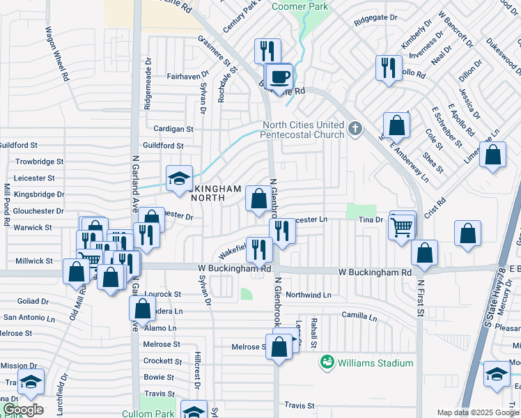 map of restaurants, bars, coffee shops, grocery stores, and more near 2114 Michael Street in Garland