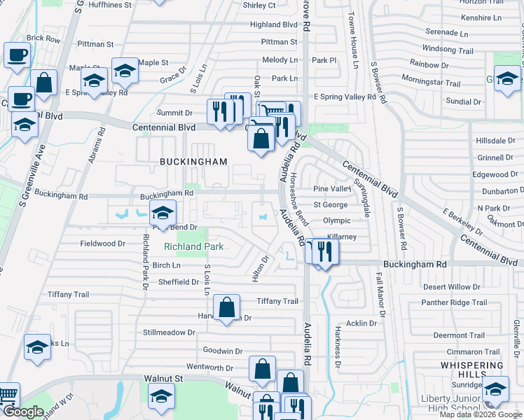 map of restaurants, bars, coffee shops, grocery stores, and more near 540 Buckingham Road in Richardson