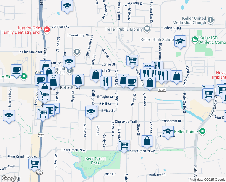 map of restaurants, bars, coffee shops, grocery stores, and more near 460 Keller Parkway in Keller