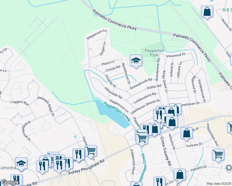 map of restaurants, bars, coffee shops, grocery stores, and more near 7644 Hillandale Road in North Charleston