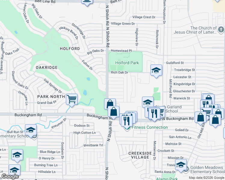 map of restaurants, bars, coffee shops, grocery stores, and more near 2430 Lupton Drive in Garland