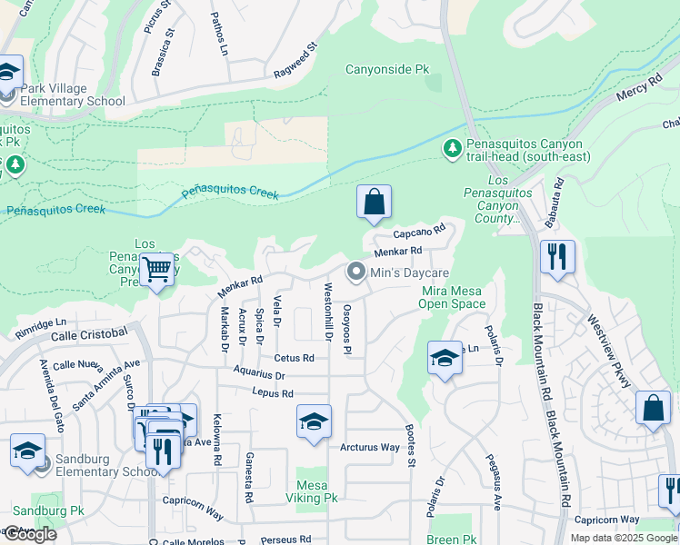 map of restaurants, bars, coffee shops, grocery stores, and more near 8761 Menkar Road in San Diego