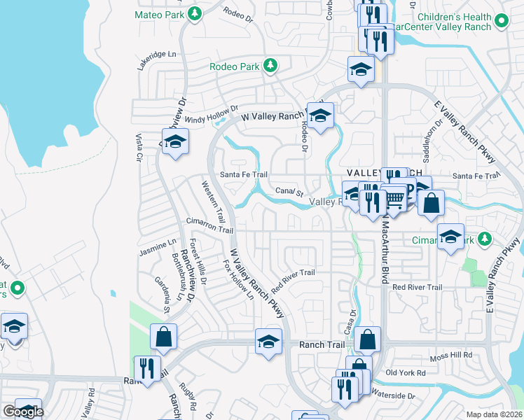 map of restaurants, bars, coffee shops, grocery stores, and more near 9445 Abbey Road in Irving