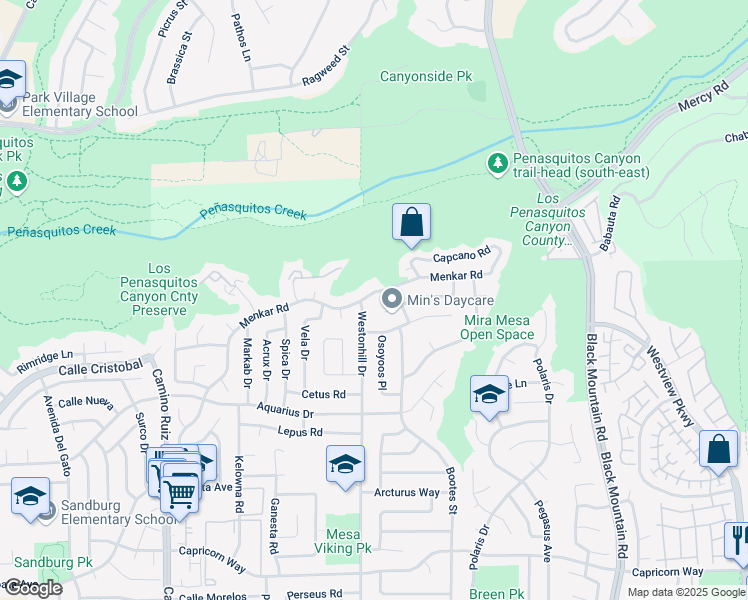 map of restaurants, bars, coffee shops, grocery stores, and more near 8761 Menkar Road in San Diego