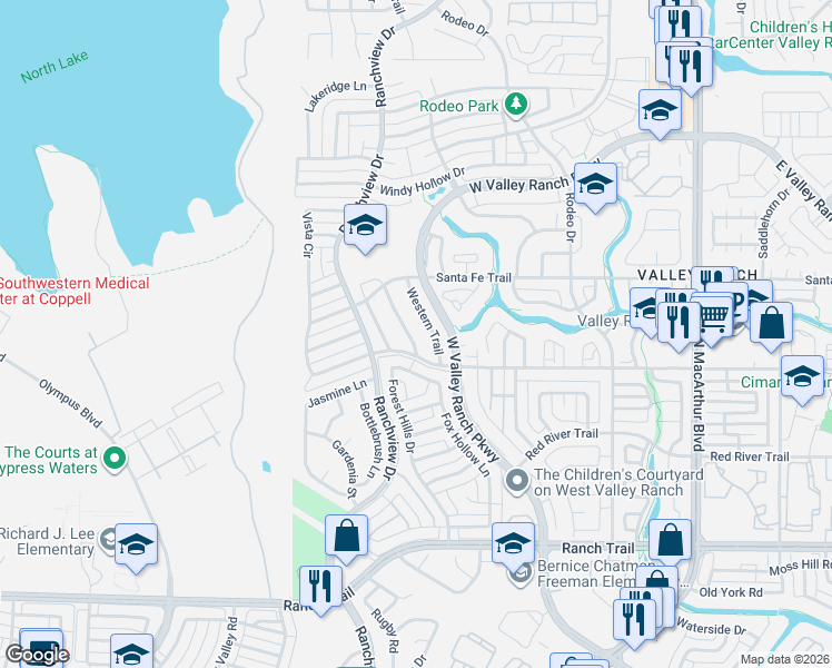 map of restaurants, bars, coffee shops, grocery stores, and more near 9316 Ponderosa Trail in Irving