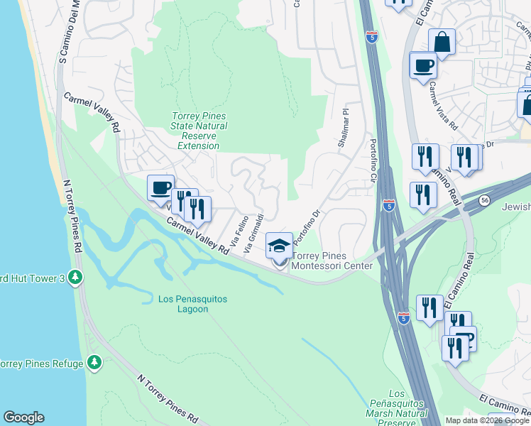 map of restaurants, bars, coffee shops, grocery stores, and more near 12839 Via Grimaldi in Del Mar