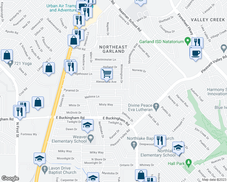 map of restaurants, bars, coffee shops, grocery stores, and more near 1122 Pyramid Drive in Garland