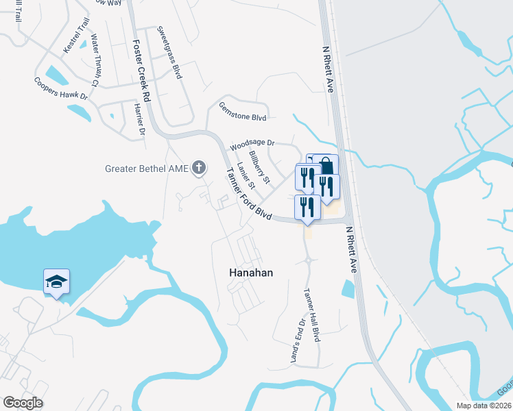 map of restaurants, bars, coffee shops, grocery stores, and more near 6 Tanner Ford Boulevard in Hanahan