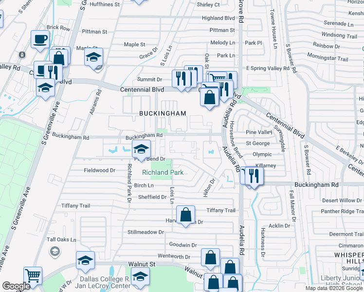 map of restaurants, bars, coffee shops, grocery stores, and more near 530 Buckingham Road in Richardson